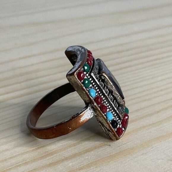 Silver Tone Multicolored Enamel Beaded Red Blue Square Black Faceted Ring - Picture 2 of 4